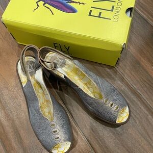 Fly London Women's Charcoal Peep Toe Wedges